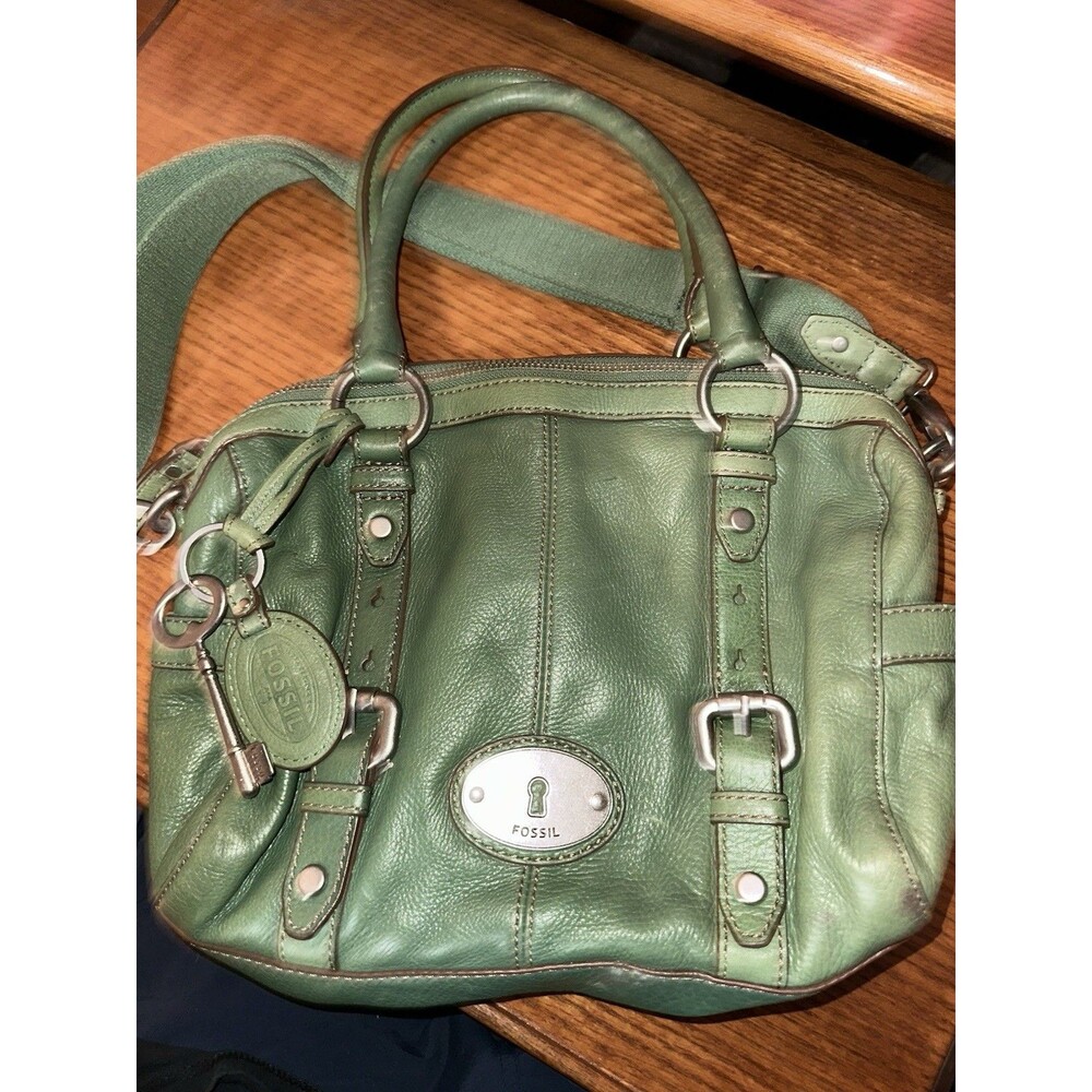 Vintage FOSSIL "Maddox" Satchel Leather Bag with Key Tag Mint Green EUC Clean